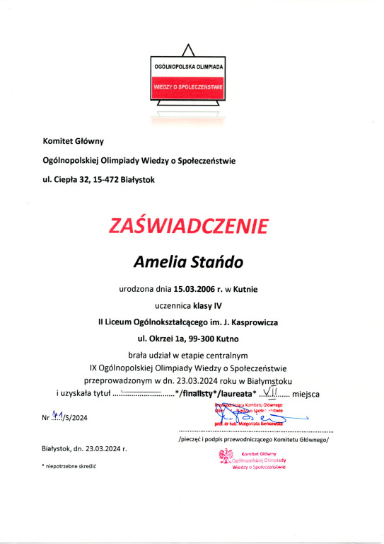 Duży sukces uczennicy kutnowskiego 'Kasprowicza'